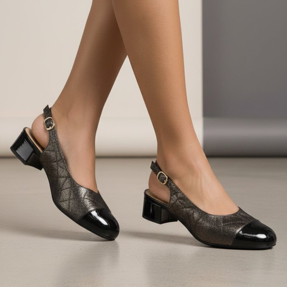 Trotters Black and Silver Slingback Heels - Wide Fit.